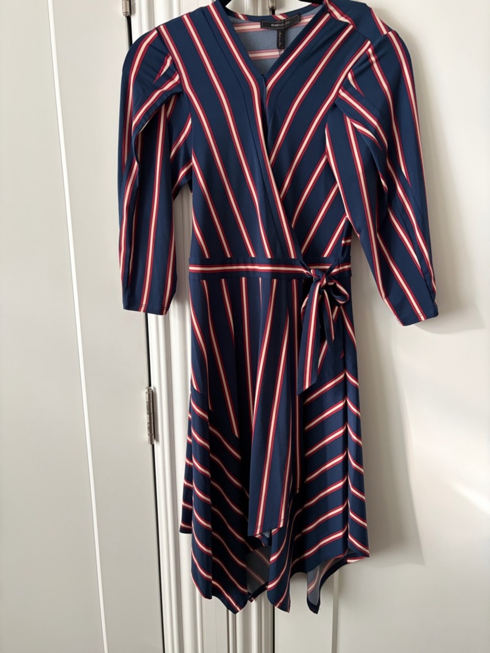 BCBGMaxAzria Navy Wrap Dress with Pink and White Stripes